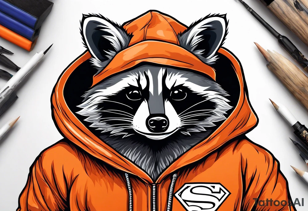 Raccoon wearing an orange Superman hoodie tattoo idea