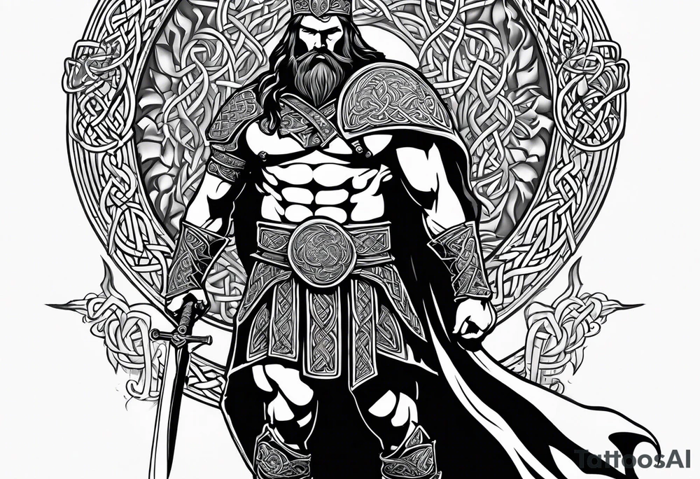 Side full body shot of Celtic warrior with weapon unsheathed. tattoo idea