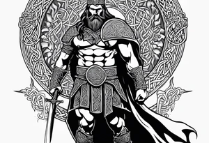 Side full body shot of Celtic warrior with weapon unsheathed. tattoo idea