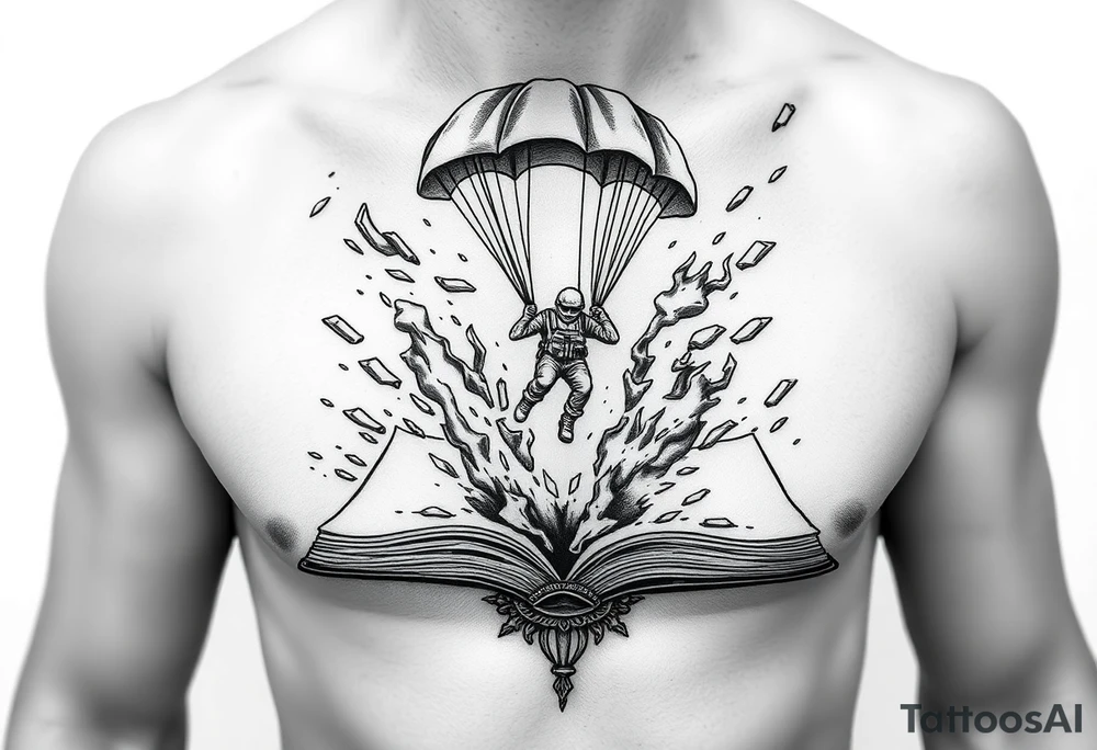 A parachuting soldier landing into an open book. Chaos surrounding, but the book is protecting the soldier from it. On the chest. Make it smaller. Thought provoking tattoo idea