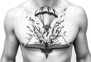 A parachuting soldier landing into an open book. Chaos surrounding, but the book is protecting the soldier from it. On the chest. Make it smaller. Thought provoking tattoo idea