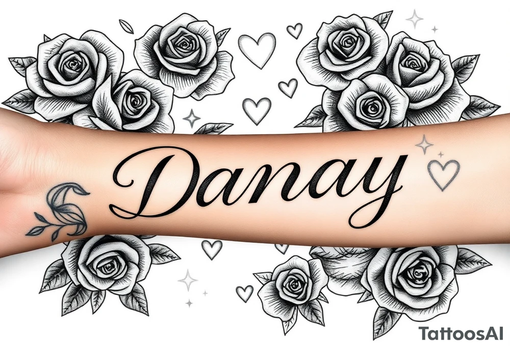 the name Danay, with a background with roses,hearts,sparkles, and other cool stuff. tattoo idea