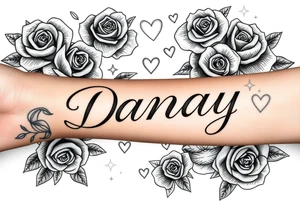 the name Danay, with a background with roses,hearts,sparkles, and other cool stuff. tattoo idea