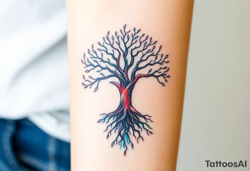 mystical tree of life with cosmic roots and celestial branches tattoo idea