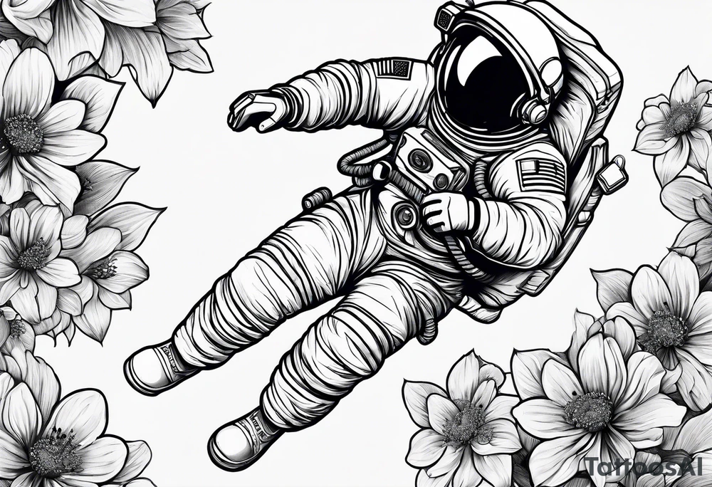 Astronaut floating through flowers tattoo idea