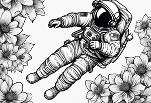Astronaut floating through flowers tattoo idea