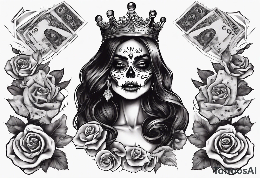 santa la muerta with money and crown
on the card tattoo idea