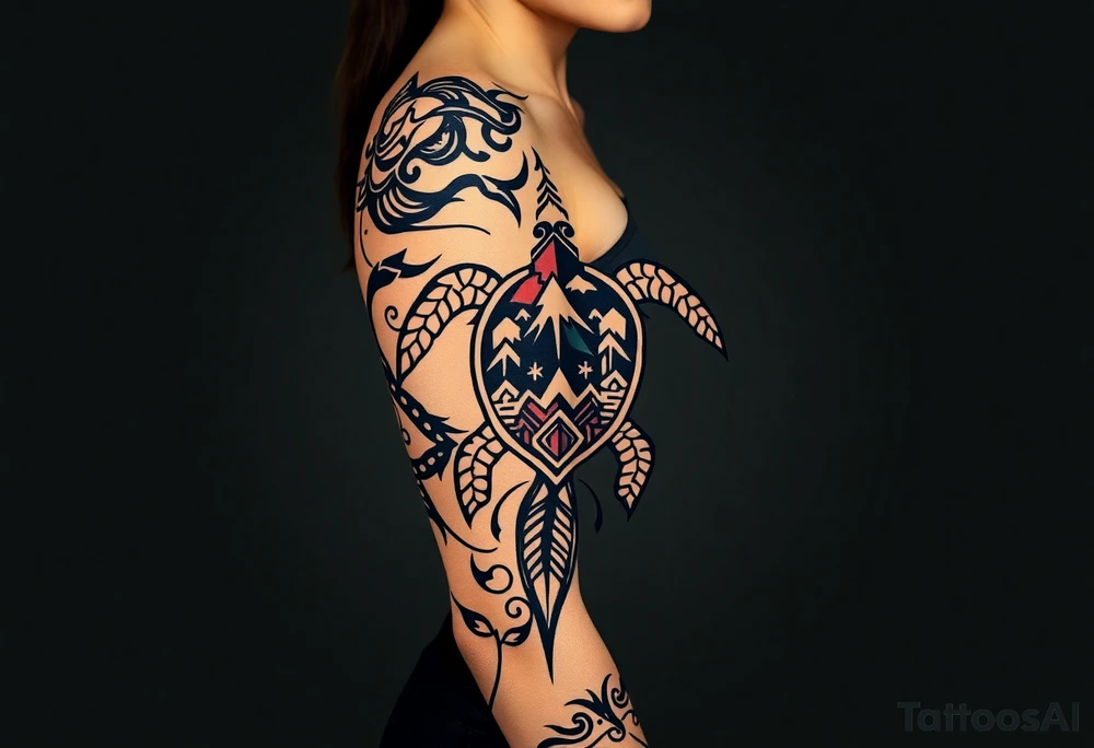 turtle sleeve with mountains, fire, water, air tattoo idea