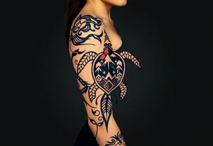turtle sleeve with mountains, fire, water, air tattoo idea