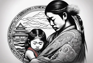Sad little native girl with father spirit holding her tattoo idea