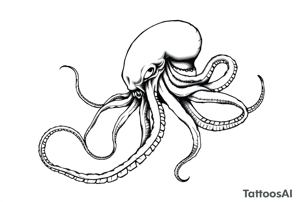 A minimalist blackwork tattoo design of an evil kraken The kraken is viewed from a 45-degree angle facing left, with its head centered. The tentacles extend only to the left and right, with none going downward beneath the head. the tentacles are quite long reaching to the left and right. The style is clean, fine-line detailing with bold outlines, avoiding heavy shading. The tentacles should be fluid, aggressive, and striking, enhancing the menacing and eerie look of the kraken while maintaining a cohesive design for a tattoo sleeve. make the tentacles very long, they need to be 3 times a slong as the head. tattoo idea