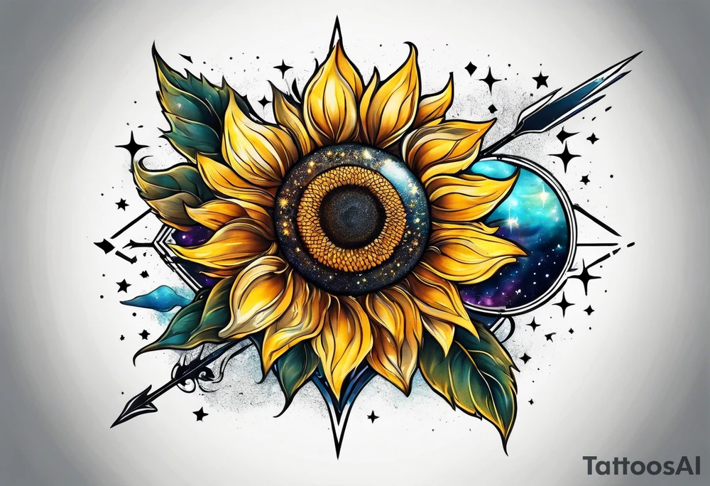 elegant tattoo with sunflower surrounded by cosmic stars and arrow tattoo idea