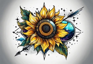 elegant tattoo with sunflower surrounded by cosmic stars and arrow tattoo idea