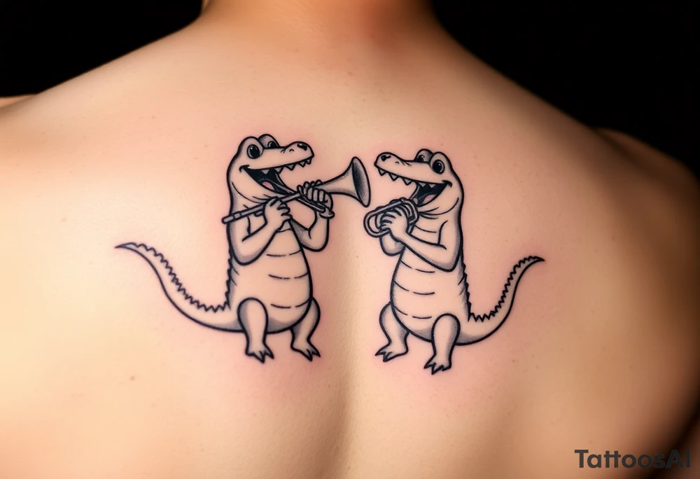 Two cartoon alligators playing music together with trombone and trumpet tattoo idea