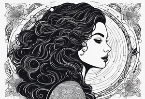 A shadow of a woman's head with long curly hair like Merida from Brave movie and her hair is made of stars planets and galaxies tattoo idea