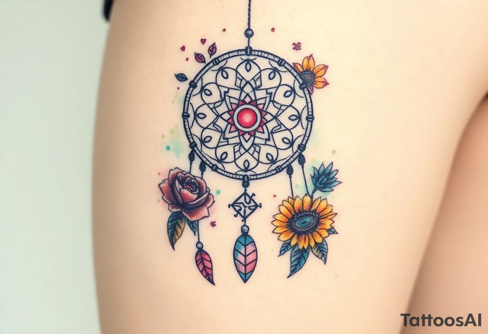 Dreamcatcher with zodiac symbols and protection runes caught in it with tigerlillies roses and sunflowers tattoo idea