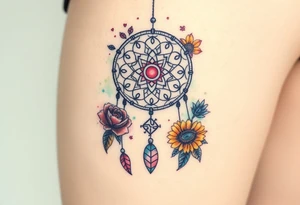 Dreamcatcher with zodiac symbols and protection runes caught in it with tigerlillies roses and sunflowers tattoo idea