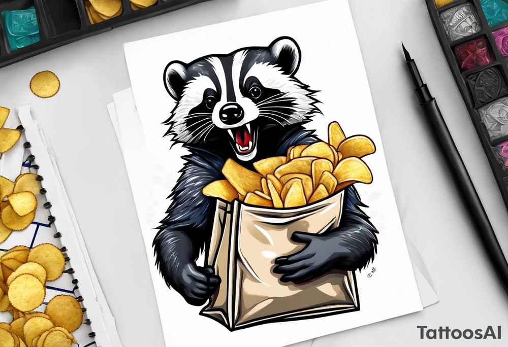 Angry badger with mouth open holding bag of chips tattoo idea