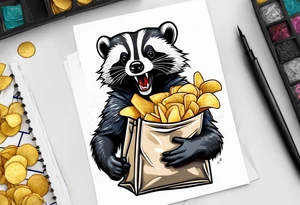 Angry badger with mouth open holding bag of chips tattoo idea