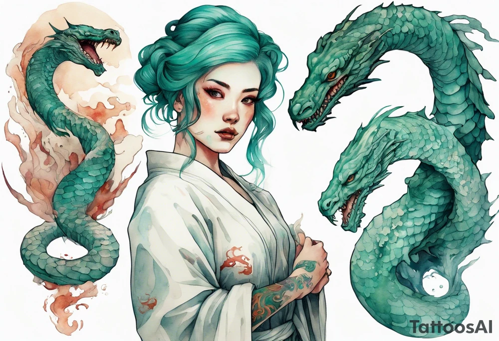 an Irish woman with teal hair wearing a white robe next to a sea-serpent tattoo idea