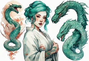 an Irish woman with teal hair wearing a white robe next to a sea-serpent tattoo idea