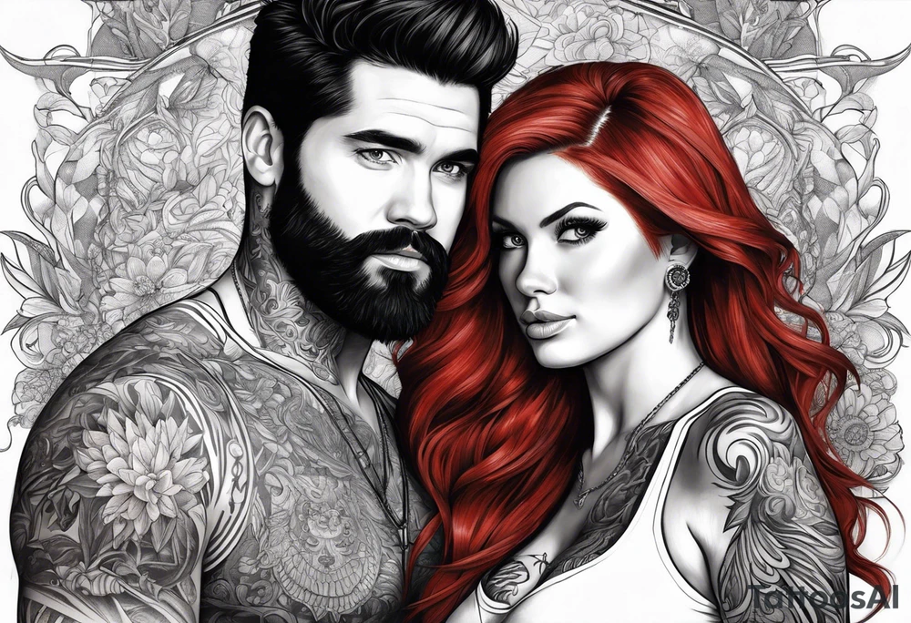 Busty red haired woman with a bearded man who has black hair tattoo idea