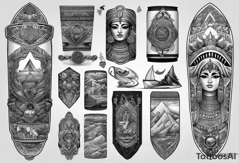 a mix of egypt and dubai, skateboarding, scuba diving, the word family and present arm sleeve. tattoo idea