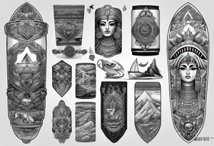 a mix of egypt and dubai, skateboarding, scuba diving, the word family and present arm sleeve. tattoo idea