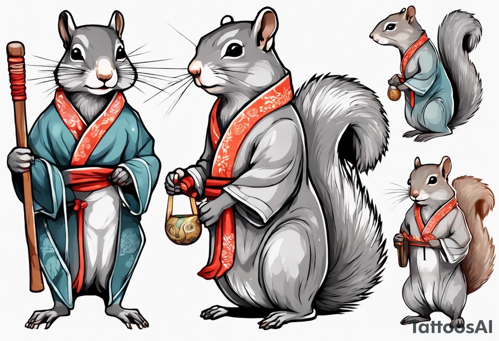 a sad grey squirrel dressed in a tunic holding a large white stick tattoo idea