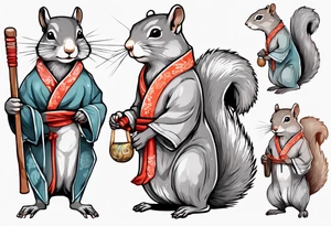 a sad grey squirrel dressed in a tunic holding a large white stick tattoo idea