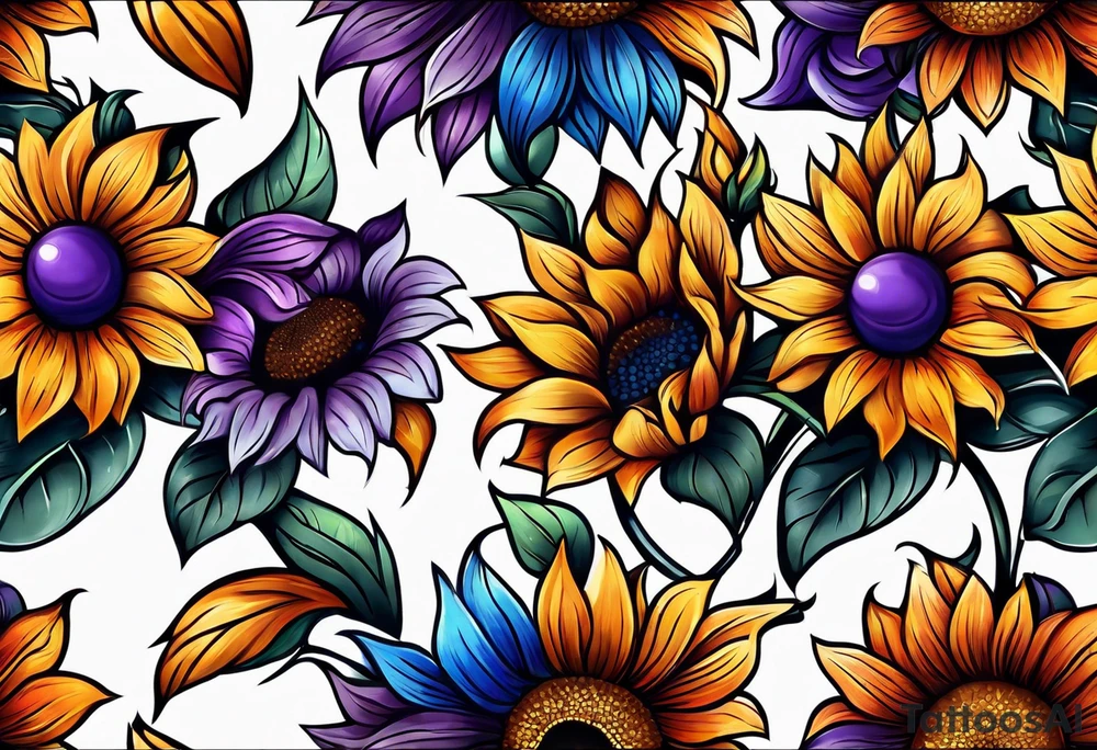 Full leg sleeve with purple, orange and blue sunflowers tattoo idea
