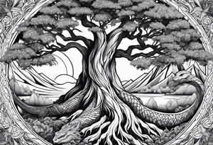 norse mythology world serpent wrap around giant tree tattoo design tattoo idea