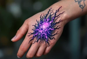 A biomechanical structure crawling up from the palm in brushed aluminum, surrounded by glowing violet circuitry and torn muscle detail. tattoo idea