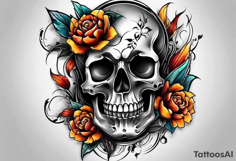 center Knee tattoo with realistic evil skull, various flowers, water and fall colors tattoo idea