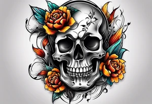 center Knee tattoo with realistic evil skull, various flowers, water and fall colors tattoo idea