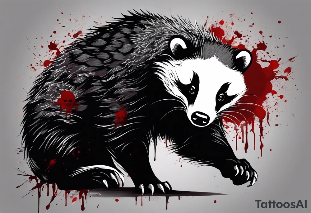 Draw me psychopath Badger/Warrior with aggressive full body, killer face with a smile, very long nails and he attacks like a Bloody Assassin to us and also, he has very deadly looking. He fights with his nails. Everybody scares after their first sight. Give me horror type Badger Tattoo. I want to see his Realistic full body. tattoo idea