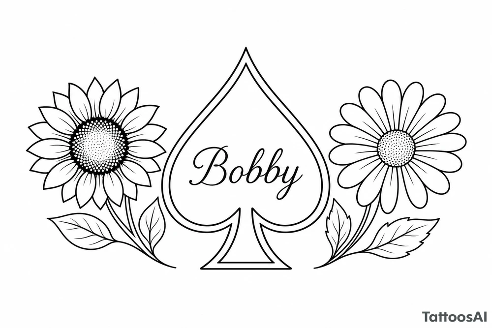 Bobby middle center inside the middle of the spade with a sunflower and a daisy on each side of the spade very super extremely traceable to trace onto notebook paper, very super extremely easy and simple traceable tracing black and white outlining outline coloring pages very super extremely traceable to trace onto notebook paper tattoo idea