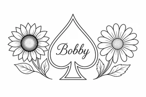 Bobby middle center inside the middle of the spade with a sunflower and a daisy on each side of the spade very super extremely traceable to trace onto notebook paper, very super extremely easy and simple traceable tracing black and white outlining outline coloring pages very super extremely traceable to trace onto notebook paper tattoo idea