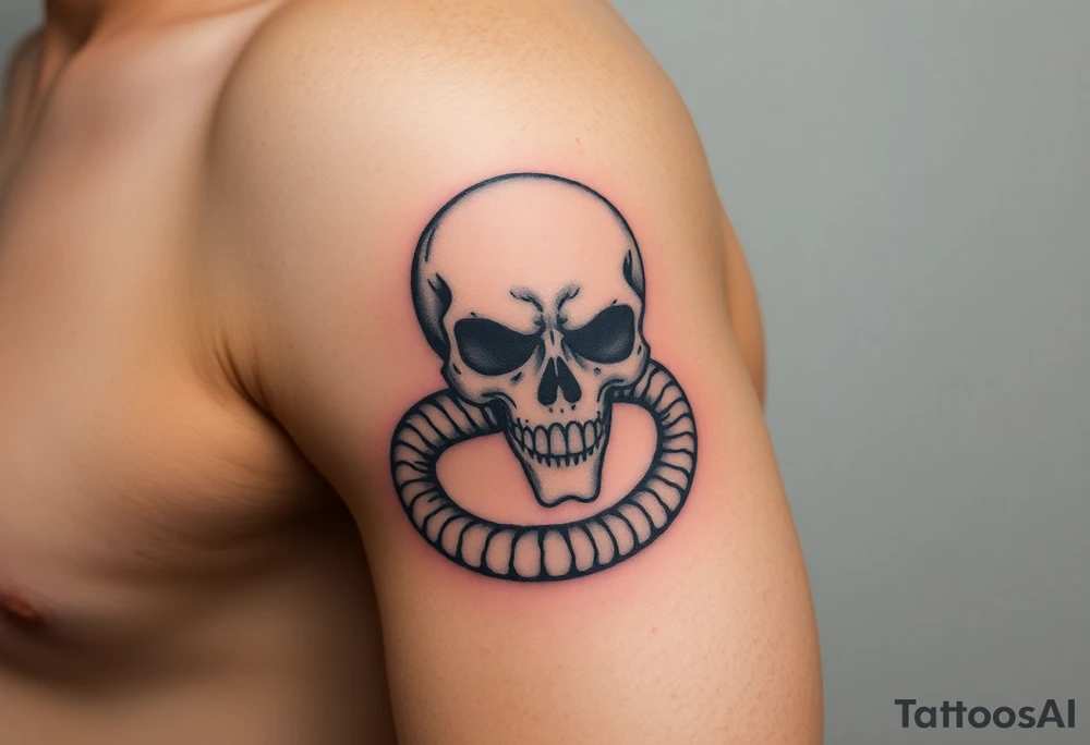A hyper-realistic Dark Mark, with the snake slithering around the skull, coiled in a hypnotic pose tattoo idea