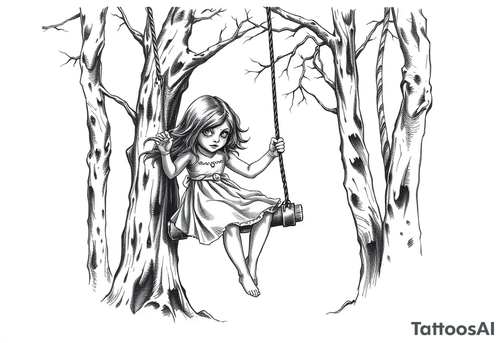 creepy little girl in the woods on a rope swing tattoo idea