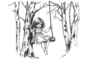 creepy little girl in the woods on a rope swing tattoo idea