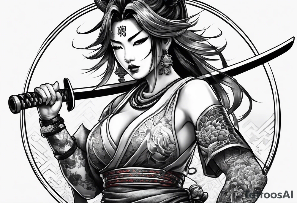 samurai girl in an oni mask with a snake tongue, covering her bare torso with a katana tattoo idea