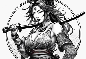 samurai girl in an oni mask with a snake tongue, covering her bare torso with a katana tattoo idea