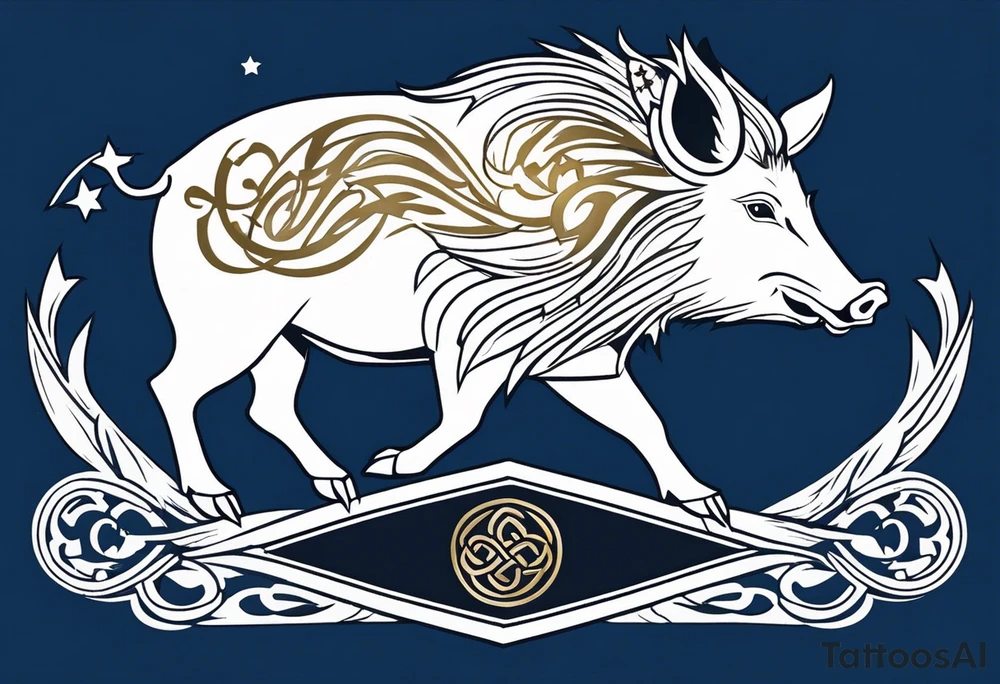 Side profile, Celtic, tribal, wild boar, On a Chatwin family crest with blue background, two gold stars, and a gold Chevron, and a Thistle tattoo idea