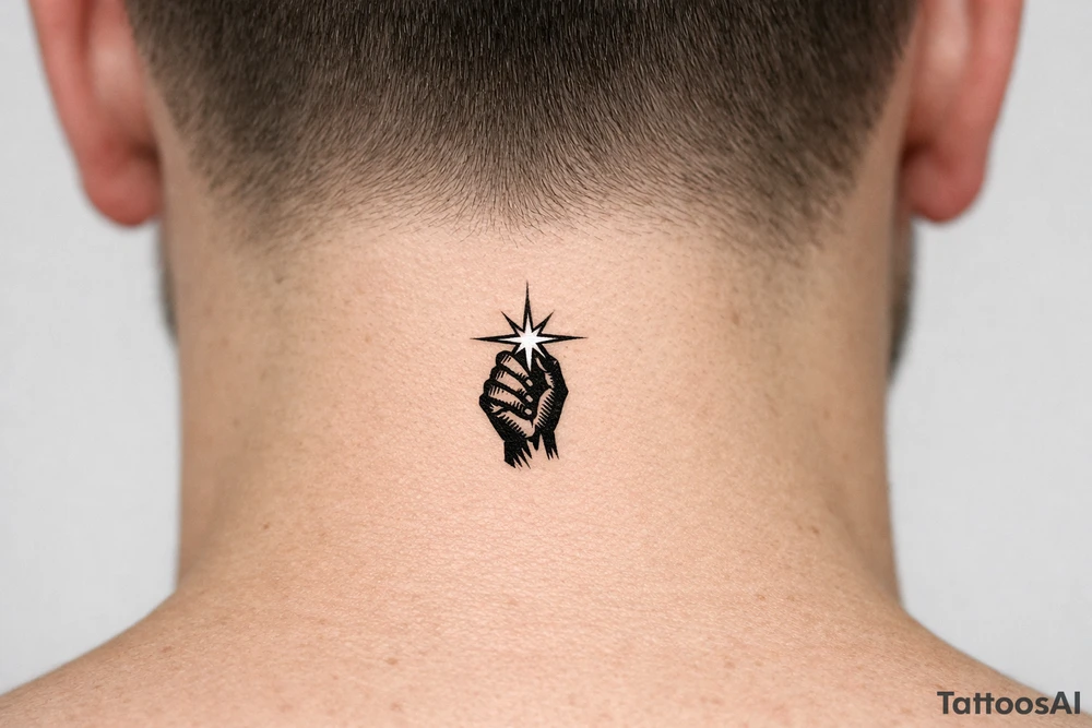 A minimalist silhouette of a hand grasping a bright starburst. tattoo idea
