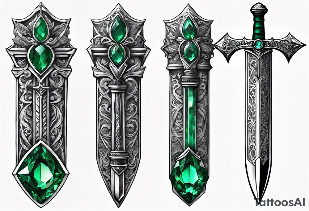 An athame dagger with the hilt turned upward and an emerald gemstone on the hilt not on the blade tattoo idea
