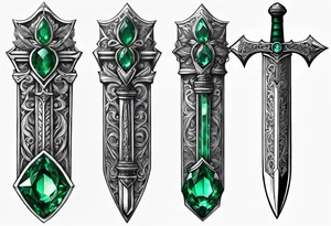 An athame dagger with the hilt turned upward and an emerald gemstone on the hilt not on the blade tattoo idea