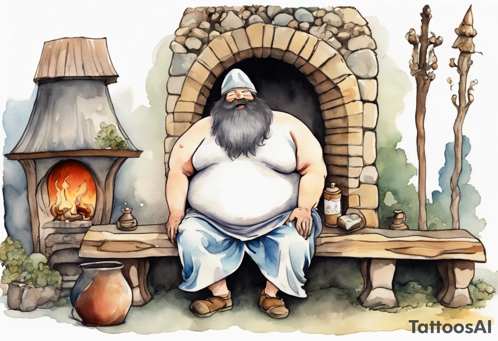 fat man with a long beard but no eyes or nose wearing a mushroom hat and medieval tunic sitting on a bench by a fireplace drinking from a wood cup, laughing tattoo idea