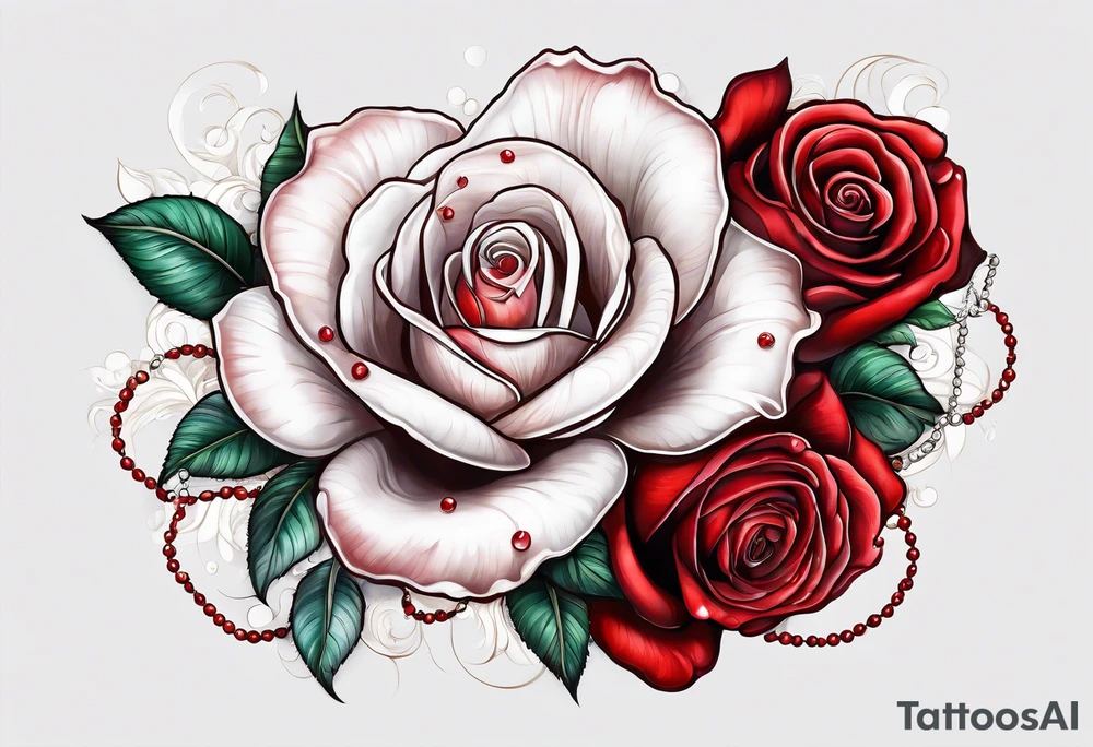Red rose with hanging pearls and seashell tattoo idea