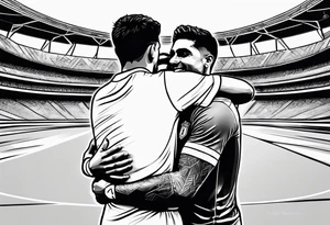 Ronaldo and babar Azam hugging with cricket and football ground on the backside tattoo idea